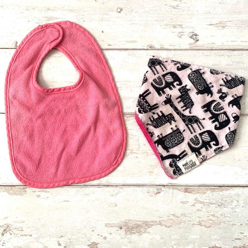Baby Girl Bandana Drool Bibs Pink White Safari Animals Set of 2 Marleys Monsters